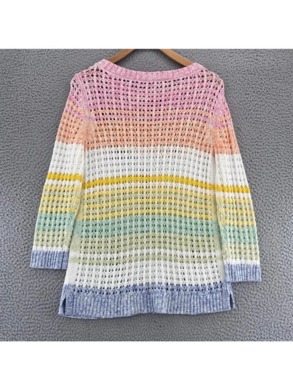 Talbots Sweater Women Small Rainbow Pastel Striped Cotton Chunky Knit Stretch